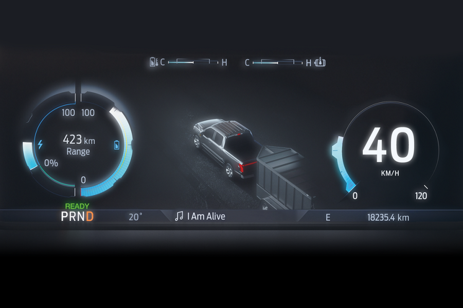 View of the dashboard display for a Ford F 1 50 Lightning